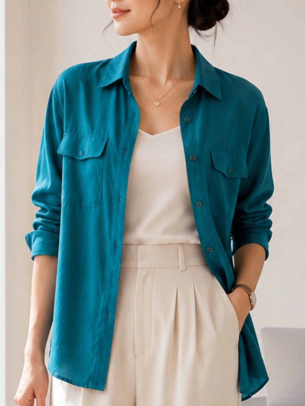 Vintage Christie and Jill 100% Silk Teal Blue Button Down Shirt Blouse Size M